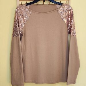 She&Sky Long Sleeve Camel/Rose Gold Wide Neck Sequin Shoulder Top, Size Small
